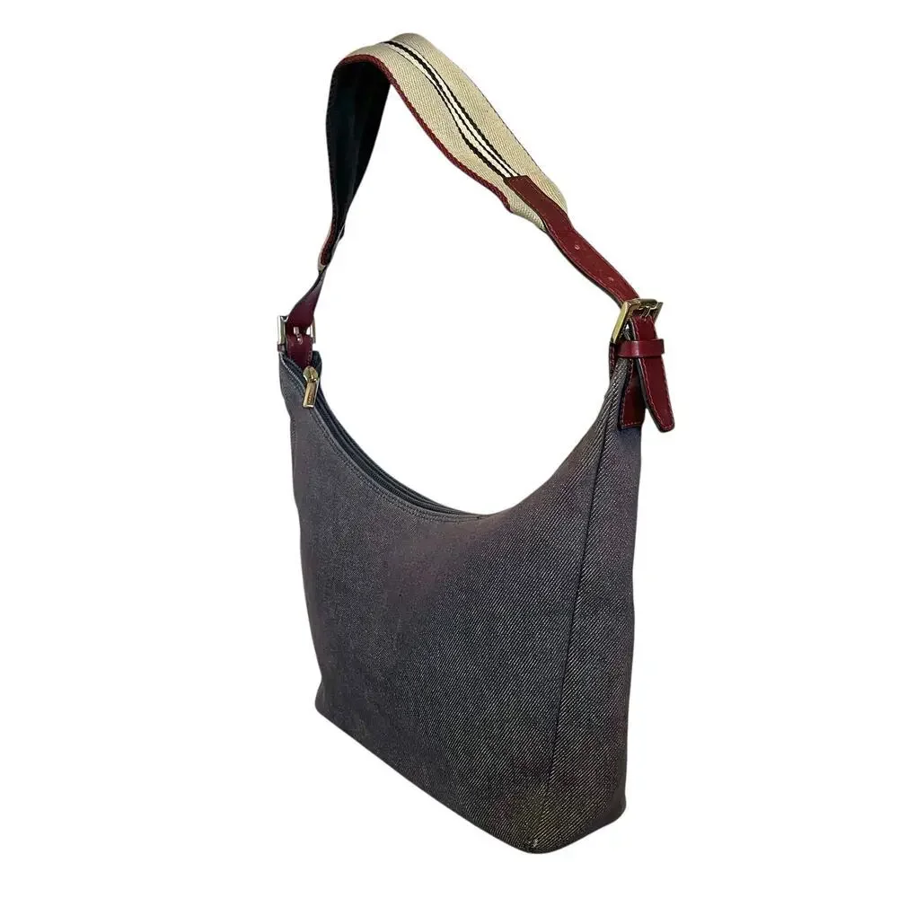Burberry Vintage Y2K Denim Blue Icon Stripe Leather Strap Hobo Shoulder Bag